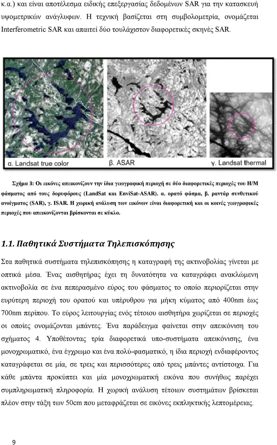 Σχήμα 3: Οι εικόνες απεικονίζουν την ίδια γεωγραφική περιοχή σε δύο διαφορετικές περιοχές του Η/Μ φάσματος από τους δορυφόρους (LandSat και EnviSat-ASAR). α. ορατό φάσμα, β.