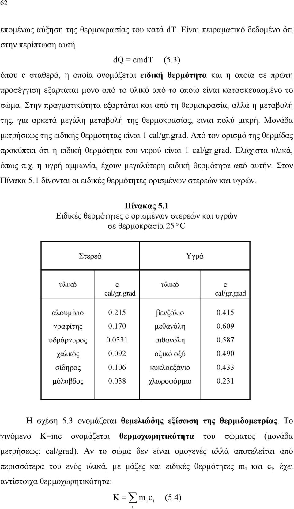 Στην πραγµατικότητα εξαρτάται και από τη θερµοκρασία, αλλά η µεταβολή της, για αρκετά µεγάλη µεταβολή της θερµοκρασίας, είναι πολύ µικρή. Mονάδα µετρήσεως της ειδικής θερµότητας είναι cal/gr.grad.