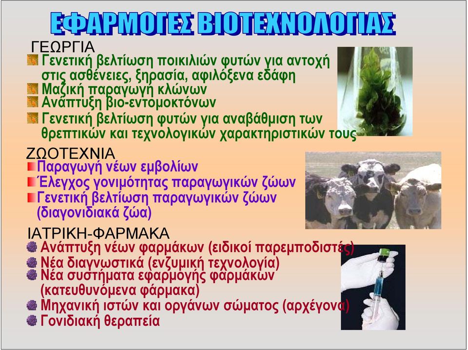 παραγωγικών ζώων Γενετική βελτίωση παραγωγικών ζώων (διαγονιδιακά ζώα) ΙΑΤΡΙΚΗ-ΦΑΡΜΑΚΑ Ανάπτυξη νέων φαρμάκων (ειδικοί παρεμποδιστές) Νέα