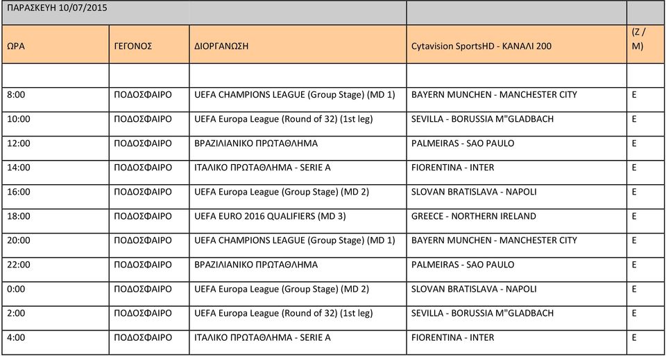 ΠΟΔΟΣΦΑΙΡΟ UEFA Europa League (Group Stage) (MD 2) SLOVAN BRATISLAVA NAPOLI E 18:00 ΠΟΔΟΣΦΑΙΡΟ UEFA EURO 2016 QUALIFIERS (MD 3) GREECE NORTHERN IRELAND E 20:00 ΠΟΔΟΣΦΑΙΡΟ UEFA CHAMPIONS LEAGUE (Group