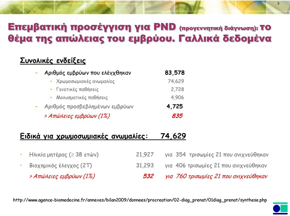 προσβεβλημένων εμβρύων 4,725 > Απώλειες εμβρύων (1%) 835 Ειδικά για χρωμοσωμιακές ανωμαλίες: 74,629 Ηλικία μητέρας ( 38 ετών) 21,927 για 354 τρισωμίες 21 που