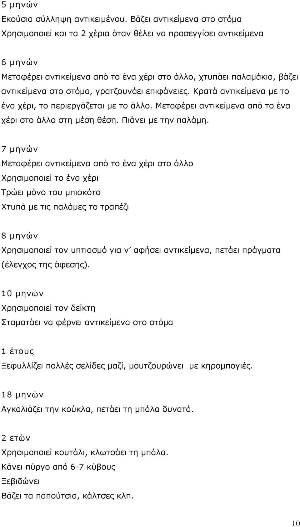 γρατζουνάει επιφάνειες. Κρατά αντικείμενα με το ένα χέρι, το περιεργάζεται με το άλλο. Μεταφέρει αντικείμενα από το ένα χέρι στο άλλο στη μέση θέση. Πιάνει με την παλάμη.