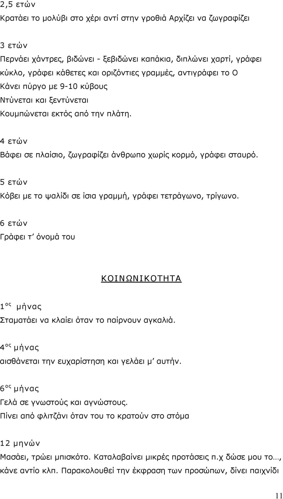 5 ετών Κόβει με το ψαλίδι σε ίσια γραμμή, γράφει τετράγωνο, τρίγωνο. 6 ετών Γράφει τ όνομά του ΚΟΙΝΩΝΙΚΟΤΗΤΑ 1 ος μήνας Σταματάει να κλαίει όταν το παίρνουν αγκαλιά.