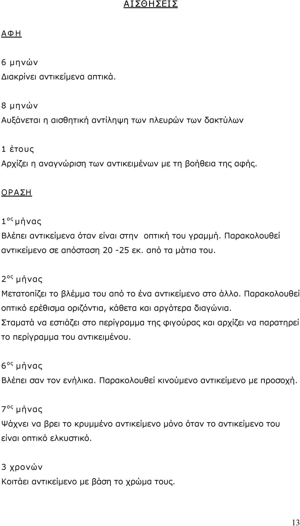 2 ος μήνας Μετατοπίζει το βλέμμα του από το ένα αντικείμενο στο άλλο. Παρακολουθεί οπτικό ερέθισμα οριζόντια, κάθετα και αργότερα διαγώνια.