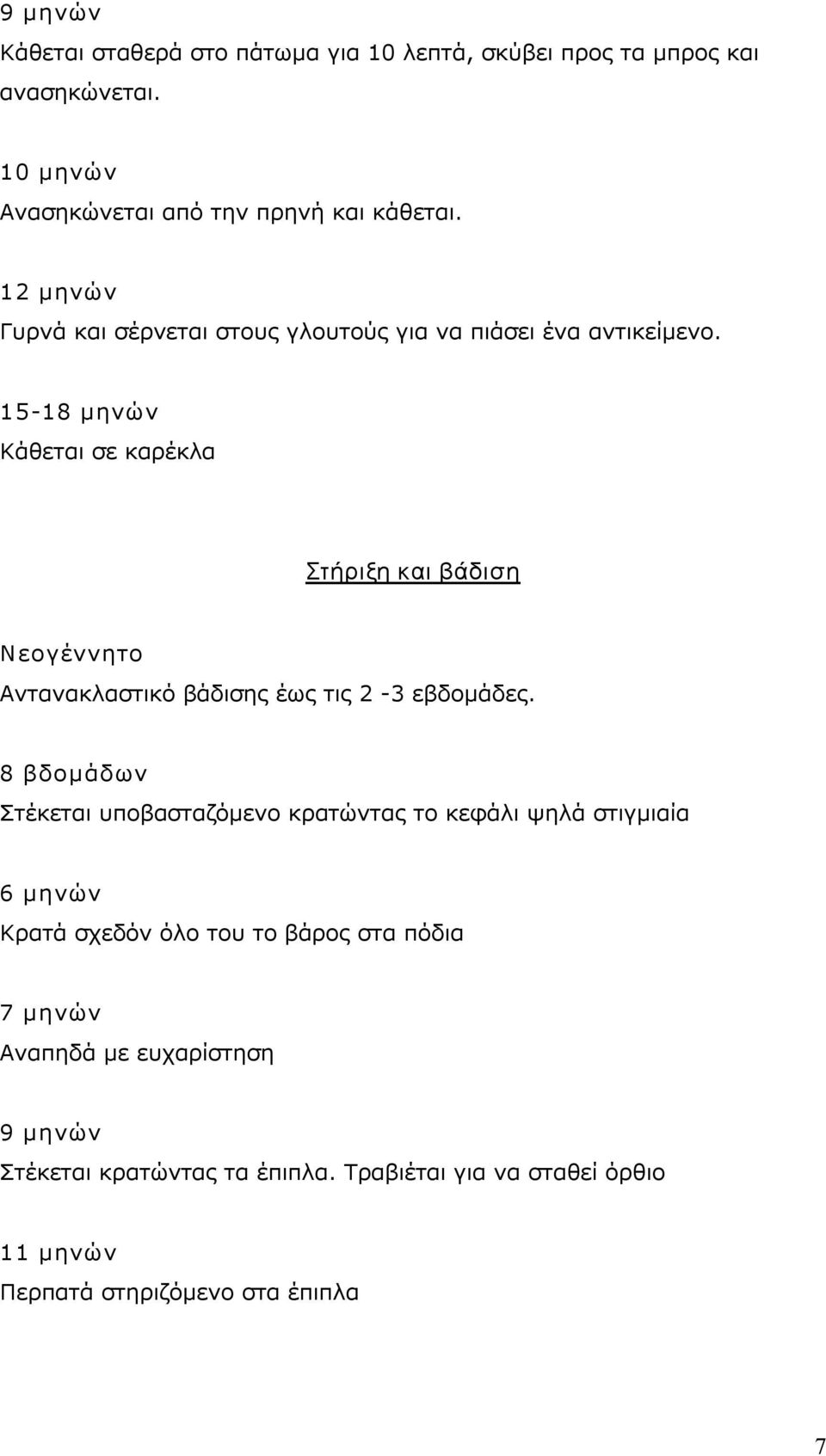 15 18 μηνών Κάθεται σε καρέκλα Στήριξη και βάδιση Νεογέννητο Αντανακλαστικό βάδισης έως τις 2 3 εβδομάδες.