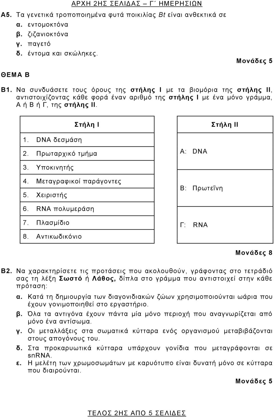 Πρωταρχικό τμήμα Α: DNA 3. Υποκινητής 4. Μεταγραφικοί παράγοντες 5. Χειριστής Β: Πρωτεΐνη 6. RNA πολυμεράση 7. Πλασμίδιο Γ: RNA 8. Αντικωδικόνιο Μονάδες 8 Β2.