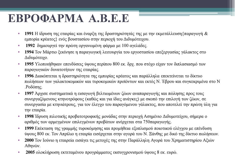 1995 Υλοποιήθηκαν επενδύσεις ύψους περίπου 800 εκ. δρχ. που στόχο είχαν τον διπλασιασμό των παραγωγικών δυνατοτήτων της εταιρίας.