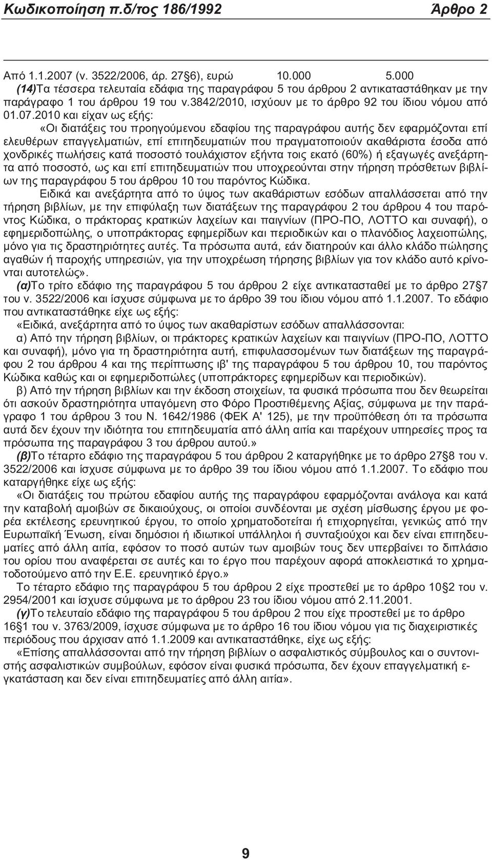 2010 και είχαν ω εξή : «Οι διατάξει του προηγούμενου εδαφίου τη παραγράφου αυτή δεν εφαρμόζονται επί ελευθέρων επαγγελματιών, επί επιτηδευματιών που πραγματοποιούν ακαθάριστα έσοδα από χονδρικέ