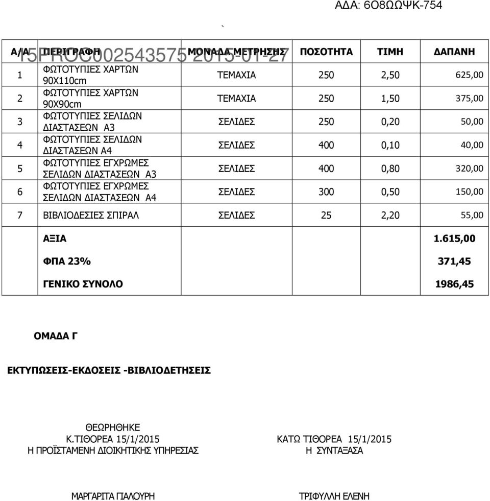 ΣΕΛΙΔΕΣ 400 0,10 40,00 ΣΕΛΙΔΕΣ 400 0,80 320,00 ΣΕΛΙΔΕΣ 300 0,50 150,00 7 ΒΙΒΛΙΟΔΕΣΙΕΣ ΣΠΙΡΑΛ ΣΕΛΙΔΕΣ 25 2,20 55,00 ΑΞΙΑ 1.