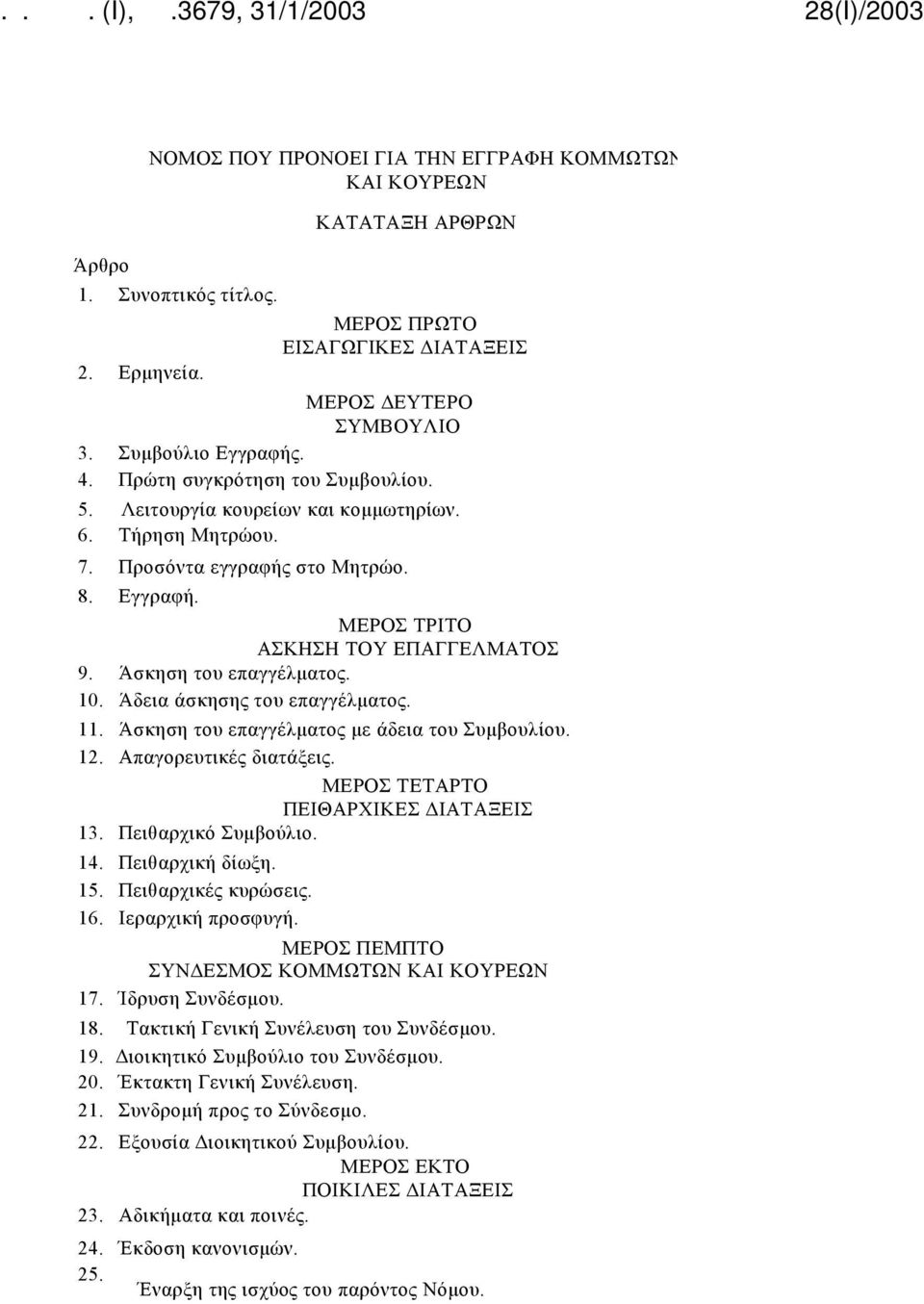 10. Άδεια άσκησης του επαγγέλματος. 11. Άσκηση του επαγγέλματος με άδεια του Συμβουλίου. 12. Απαγορευτικές διατάξεις. ΜΕΡΟΣ ΤΕΤΑΡΤΟ ΠΕΙΘΑΡΧΙΚΕΣ ΔΙΑΤΑΞΕΙΣ 13. Πειθαρχικό Συμβούλιο. 14.