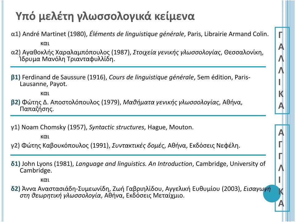 β1) Ferdinand de Saussure (1916), Cours de linguistique générale, 5em édition, Paris Lausanne, Payot. και β2) Φώτης Δ. Αποστολόπουλος (1979), Μαθήματα γενικής γλωσσολογίας, Αθήνα, Παπαζήσης.