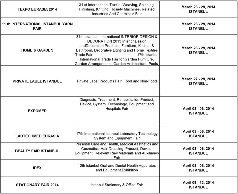 Istanbul International Trade Fair for Garden Furniture, Garden Arrangements, Garden Architecture, Pools, March 26-29, 2014 March 26-29, 2014 PRIVATE LABEL Private Label Products Fair, Food and