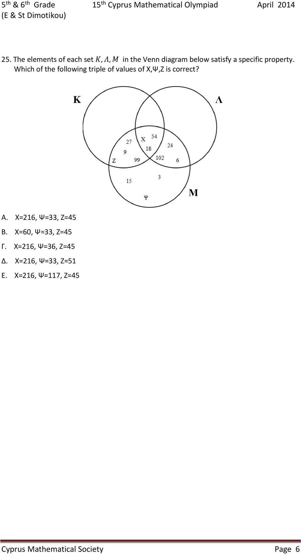 Which of the following triple of values of X,Ψ,Ζ is correct? K Λ Μ Α. Χ=216, Ψ=33, Ζ=45 Β.