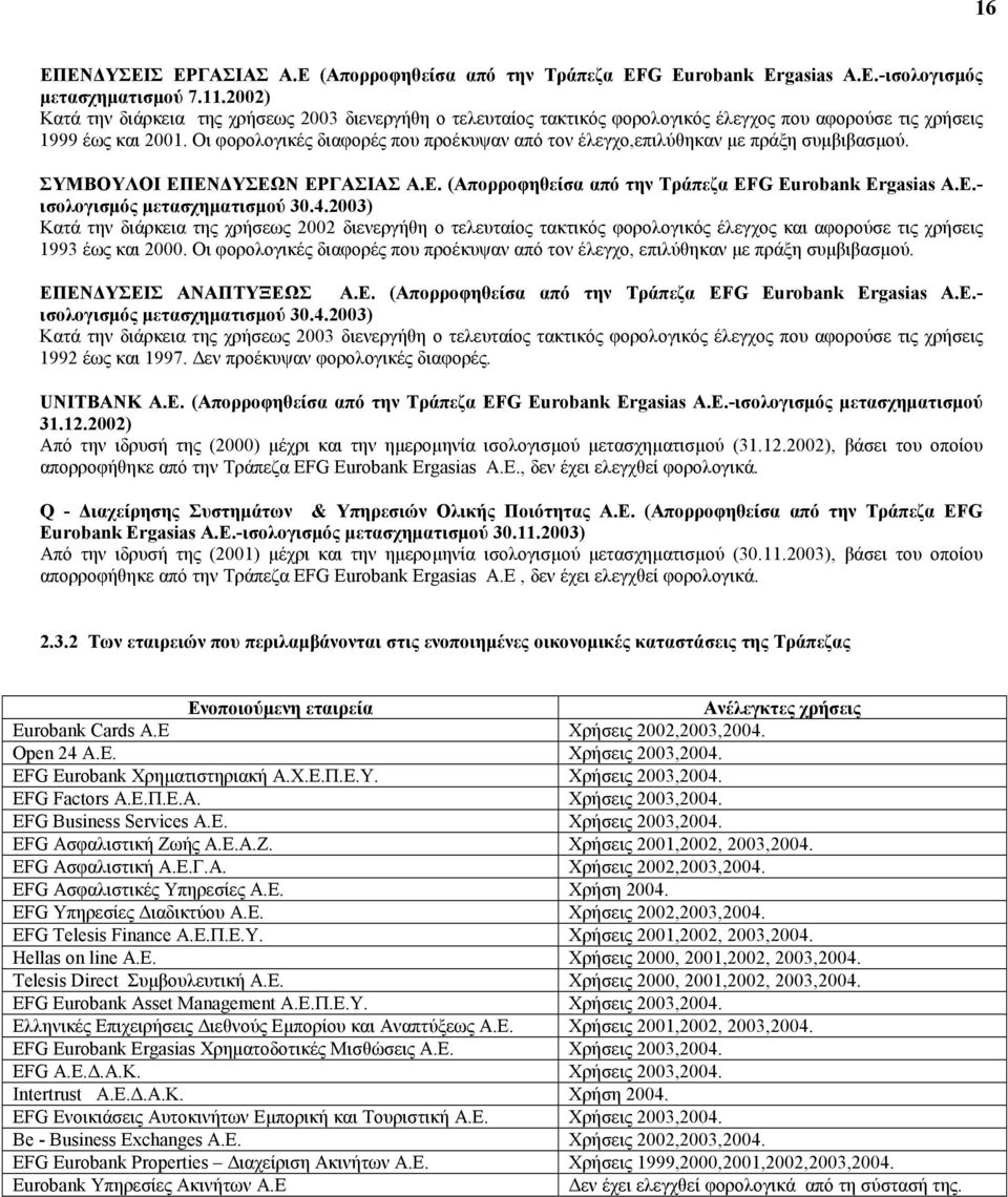 Οι φορολογικές διαφορές που προέκυψαν από τον έλεγχο,επιλύθηκαν µε πράξη συµβιβασµού. ΣΥΜΒΟΥΛΟΙ ΕΠΕΝ ΥΣΕΩΝ ΕΡΓΑΣΙΑΣ Α.Ε. (Απορροφηθείσα από την Τράπεζα EFG Eurobank Ergasias A.E.- ισολογισµός µετασχηµατισµού 30.