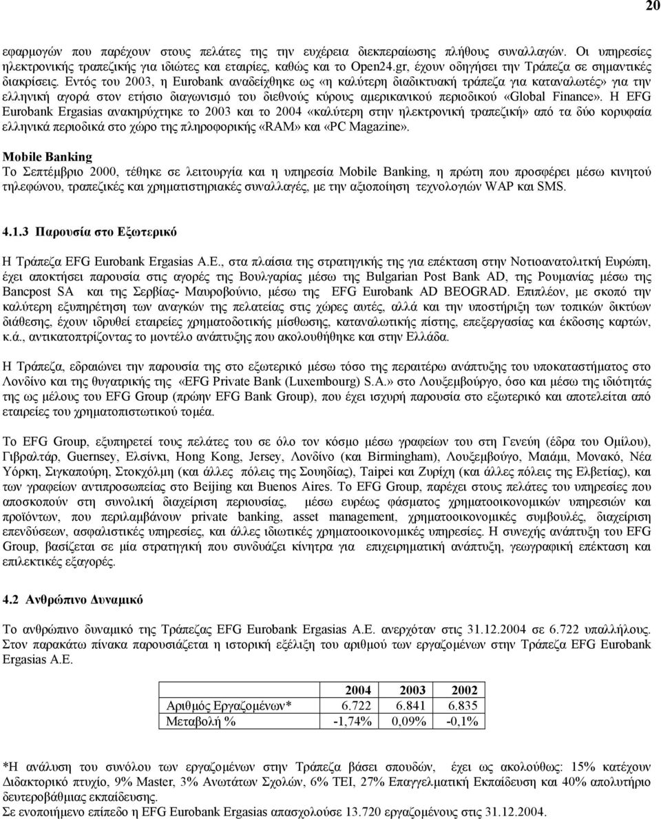 Εντός του 2003, η Eurobank αναδείχθηκε ως «η καλύτερη διαδικτυακή τράπεζα για καταναλωτές» για την ελληνική αγορά στον ετήσιο διαγωνισµό του διεθνούς κύρους αµερικανικού περιοδικού «Global Finance».
