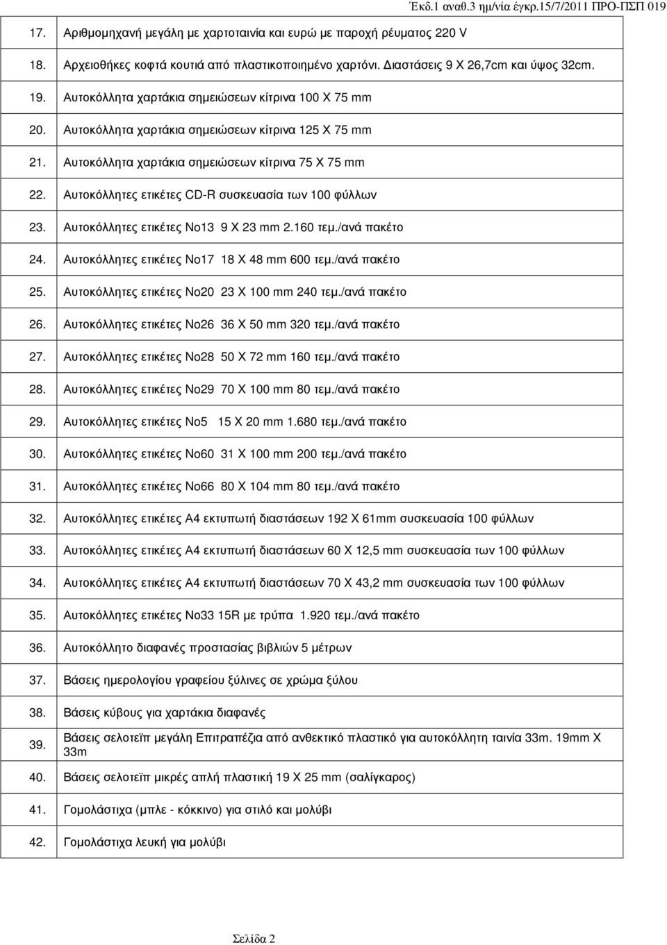 Αυτοκόλλητες ετικέτες CD-R συσκευασία των 100 φύλλων 23. Αυτοκόλλητες ετικέτες No13 9 Χ 23 mm 2.160 τεµ./ανά πακέτο 24. Αυτοκόλλητες ετικέτες No17 18 X 48 mm 600 τεµ./ανά πακέτο 25.