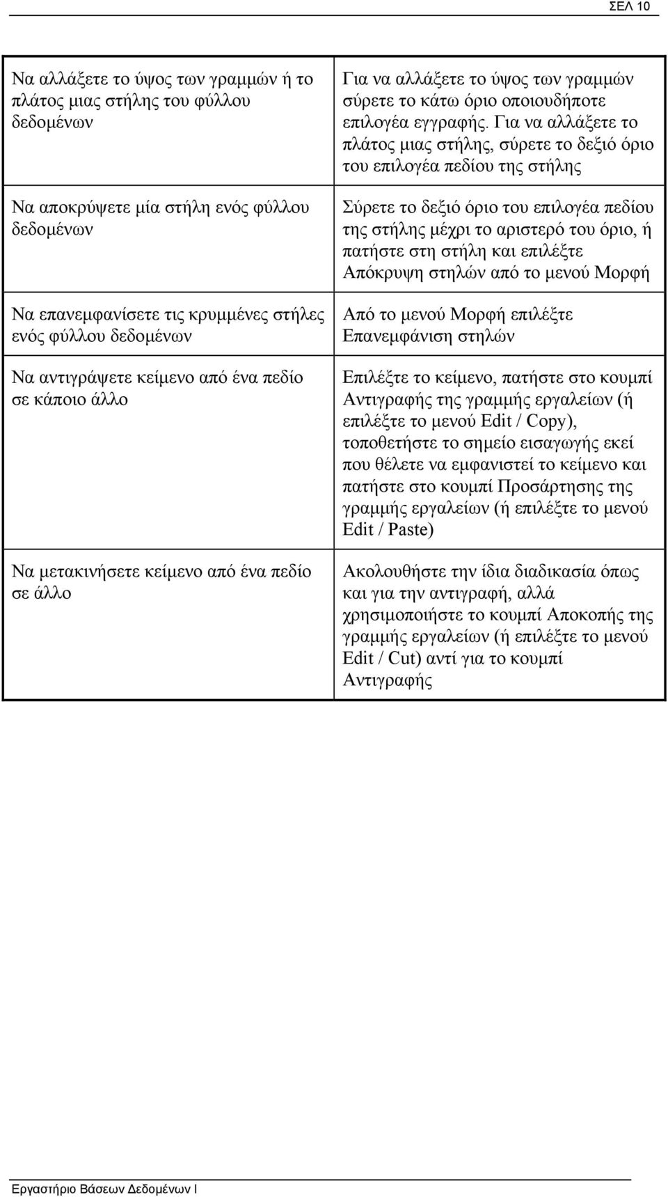 Για να αλλάξετε το πλάτος µιας στήλης, σύρετε το δεξιό όριο του επιλογέα πεδίου της στήλης Σύρετε το δεξιό όριο του επιλογέα πεδίου της στήλης µέχρι το αριστερό του όριο, ή πατήστε στη στήλη και