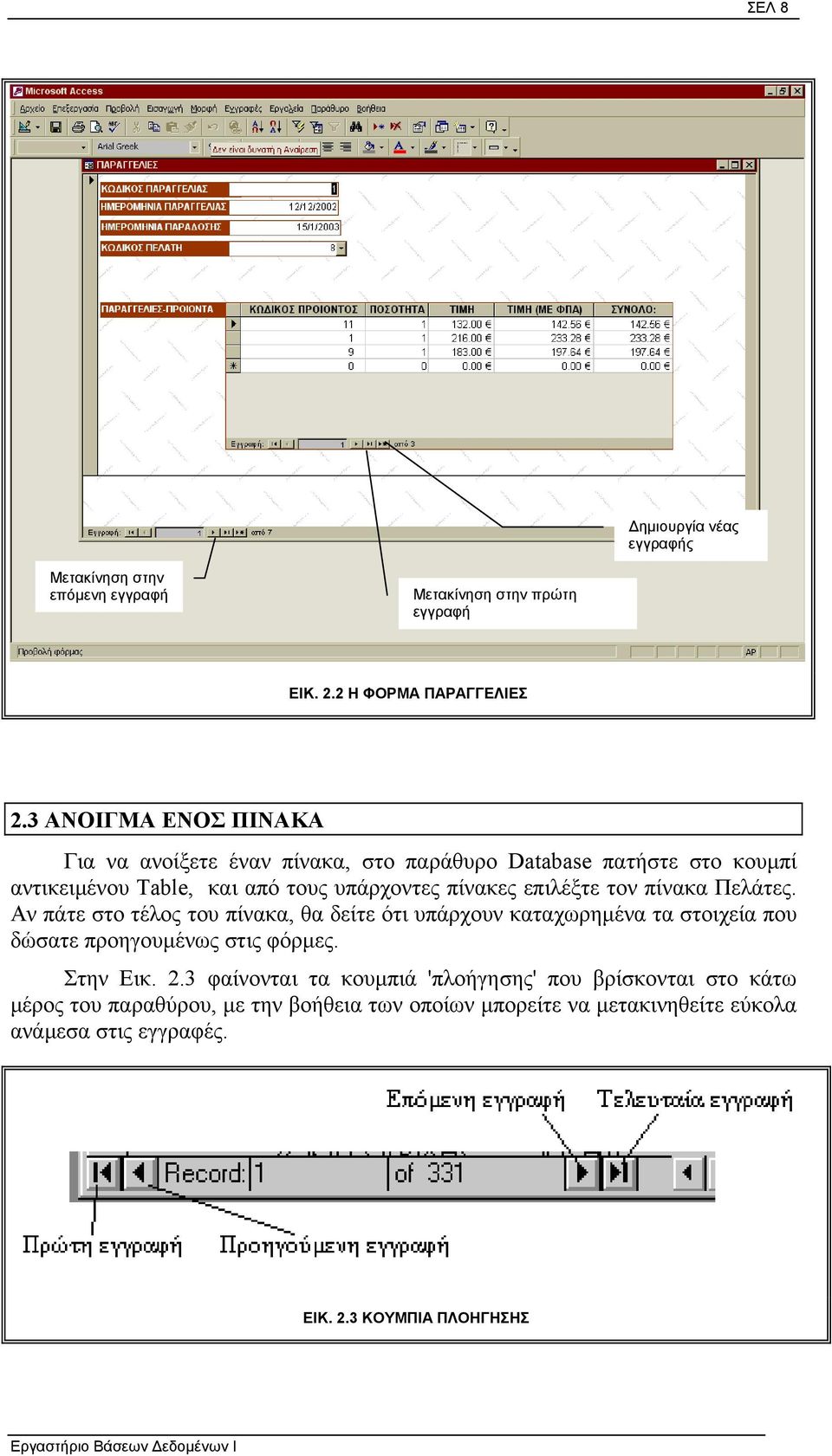 τον πίνακα Πελάτες. Αν πάτε στο τέλος του πίνακα, θα δείτε ότι υπάρχουν καταχωρηµένα τα στοιχεία που δώσατε προηγουµένως στις φόρµες. Στην Εικ. 2.