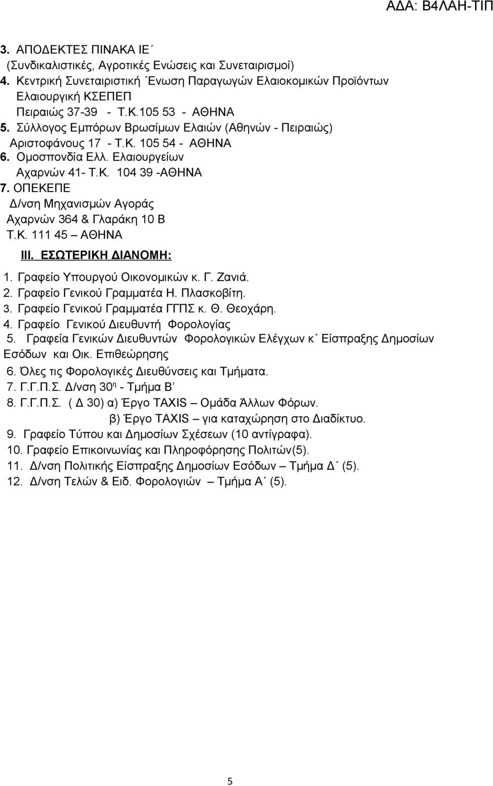 ΟΠΕΚΕΠΕ Δ/νση Μηχανισμών Αγοράς Αχαρνών 364 & Γλαράκη 10 Β Τ.Κ. 111 45 ΑΘΗΝΑ ΙΙΙ. ΕΣΩΤΕΡΙΚΗ ΔΙΑΝΟΜΗ: 1. Γραφείο Υπουργού Οικονομικών κ. Γ. Ζανιά. 2. Γραφείο Γενικού Γραμματέα Η. Πλασκοβίτη. 3. Γραφείο Γενικού Γραμματέα ΓΓΠΣ κ.