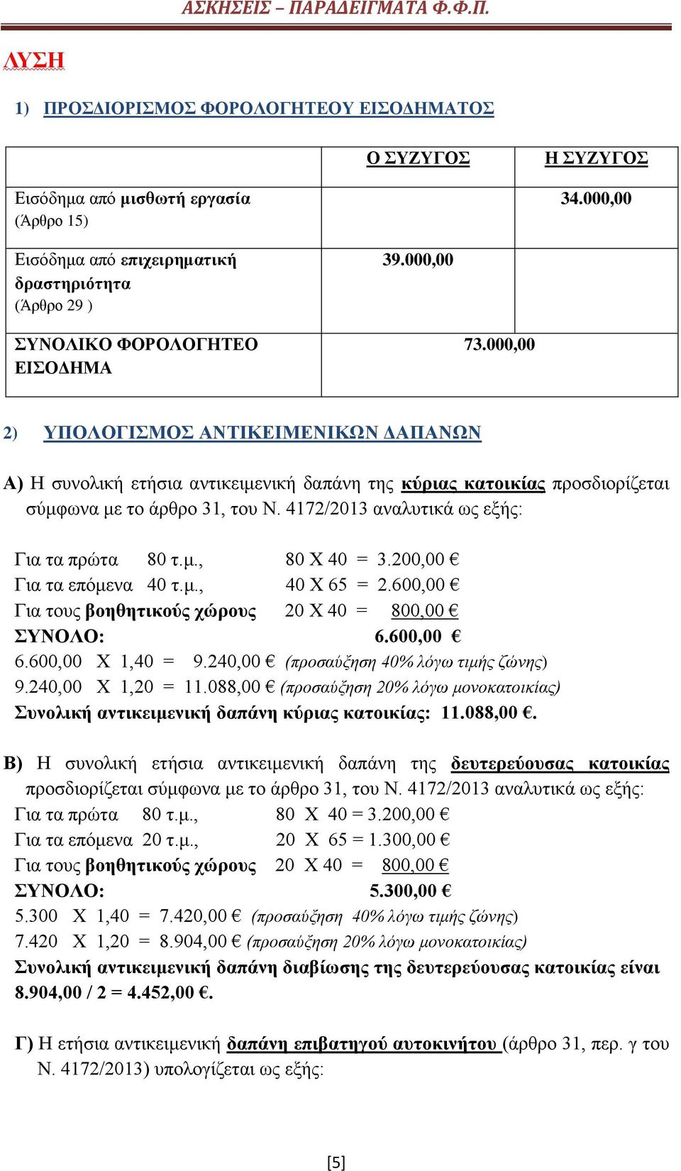 4172/2013 αναλυτικά ως εξής: Για τα πρώτα 80 τ.μ., 80 Χ 40 = 3.200,00 Για τα επόμενα 40 τ.μ., 40 Χ 65 = 2.600,00 Για τους βοηθητικούς χώρους 20 Χ 40 = 800,00 ΣΥΝΟΛΟ: 6.600,00 6.600,00 Χ 1,40 = 9.