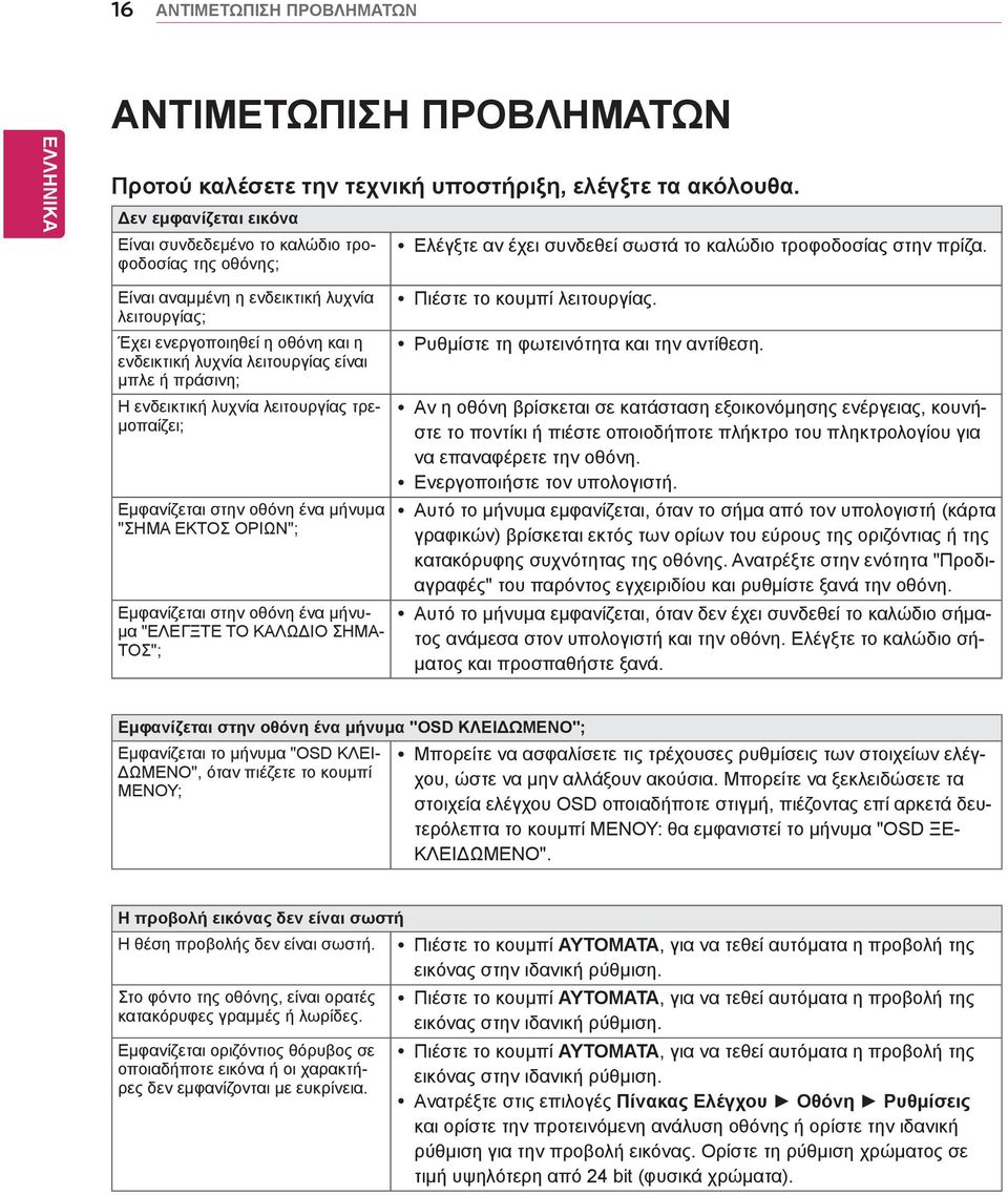 πράσινη; Η ενδεικτική λυχνία λειτουργίας τρεμοπαίζει; Εμφανίζεται στην οθόνη ένα μήνυμα "ΣΗΜΑ ΕΚΤΟΣ ΟΡΙΩΝ"; Εμφανίζεται στην οθόνη ένα μήνυμα "ΕΛΕΓΞΤΕ ΤΟ ΚΑΛΩΔΙΟ ΣΗΜΑ- ΤΟΣ"; yελέγξτε αν έχει συνδεθεί