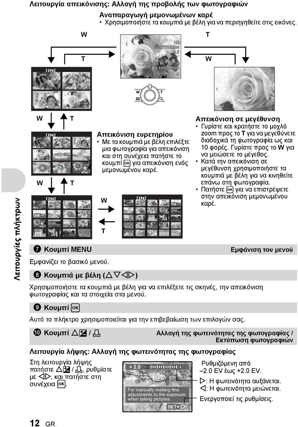 T T 8 Κουμπιά με βέλη (ONXY) Χρησιμοποιήστε τα κουμπιά με βέλη για να επιλέξετε τις σκηνές, την απεικόνιση φωτογραφίας και τα στοιχεία στα μενού.