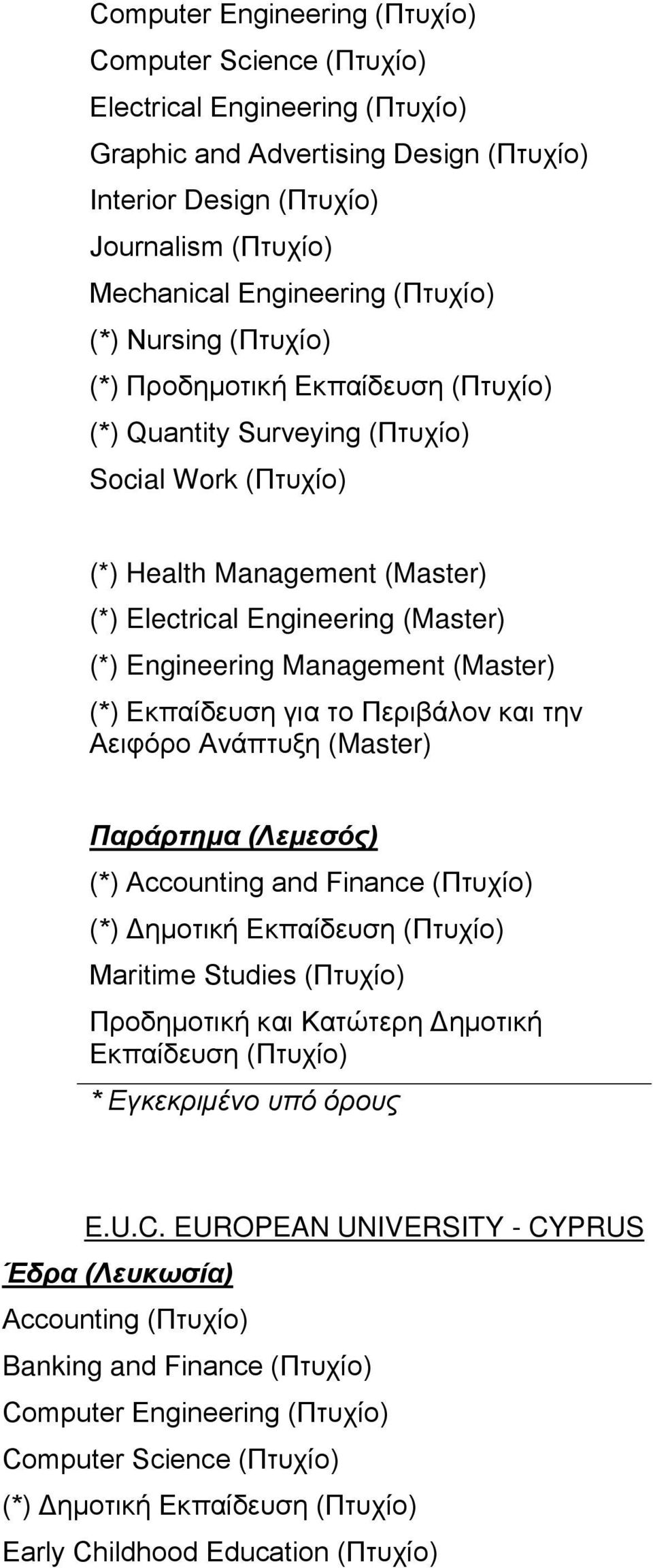 Engineering Management (Master) (*) Εκπαίδευση για το Περιβάλον και την Αειφόρο Ανάπτυξη (Master) Παράρτημα (Λεμεσός) (*) Accounting and Finance (Πτυχίο) (*) Δημοτική Εκπαίδευση (Πτυχίο) Maritime