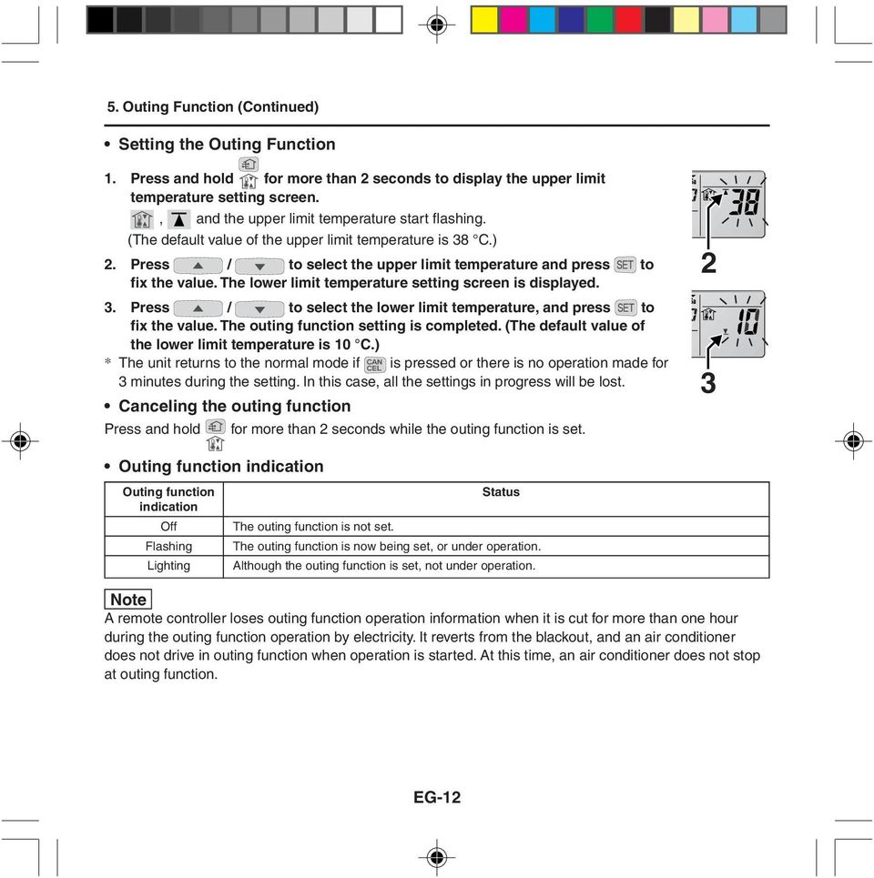 The lower limit temperature setting screen is displayed. 3. Press / to select the lower limit temperature, and press to fix the value. The outing function setting is completed.
