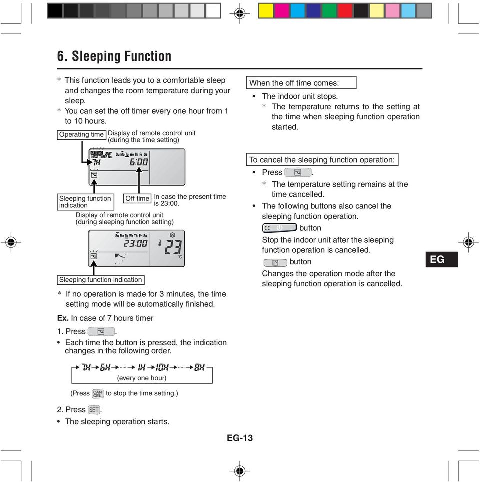 * The temperature returns to the setting at the time when sleeping function operation started.