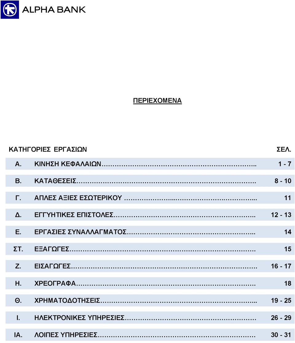 ΕΡΓΑΣΙΕΣ ΣΥΝΑΛΛΑΓΜΑΤΟΣ.. 14 ΣΤ. ΕΞΑΓΩΓΕΣ. 15 Ζ. ΕΙΣΑΓΩΓΕΣ. 16-17 Η. ΧΡΕΟΓΡΑΦΑ.