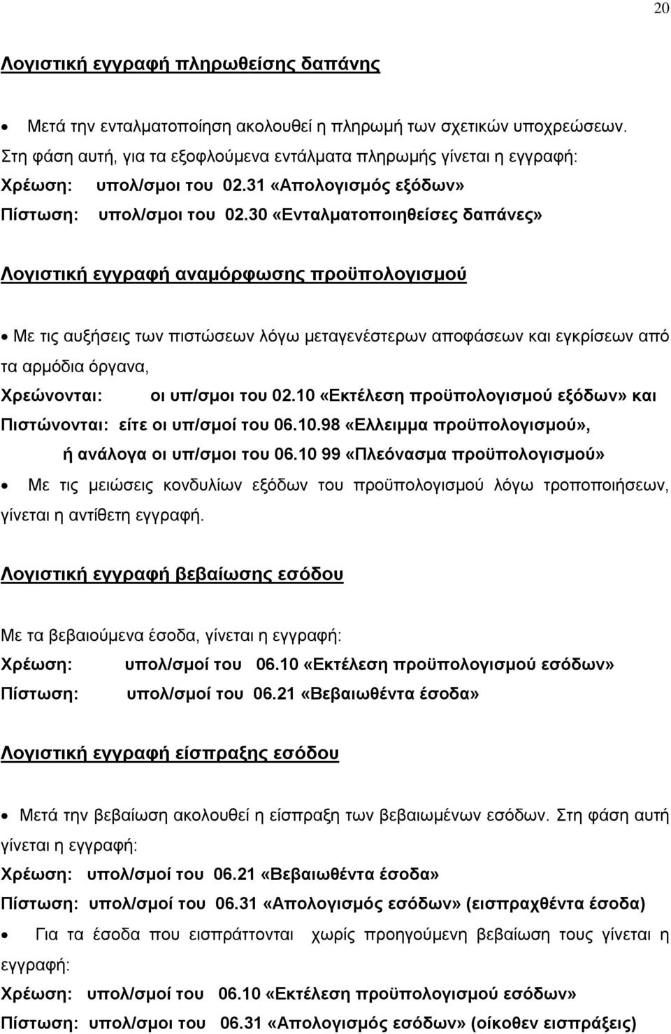 30 «Ενταλματοποιηθείσες δαπάνες» Λογιστική εγγραφή αναμόρφωσης προϋπολογισμού Με τις αυξήσεις των πιστώσεων λόγω μεταγενέστερων αποφάσεων και εγκρίσεων από τα αρμόδια όργανα, Χρεώνονται: οι υπ/σμοι