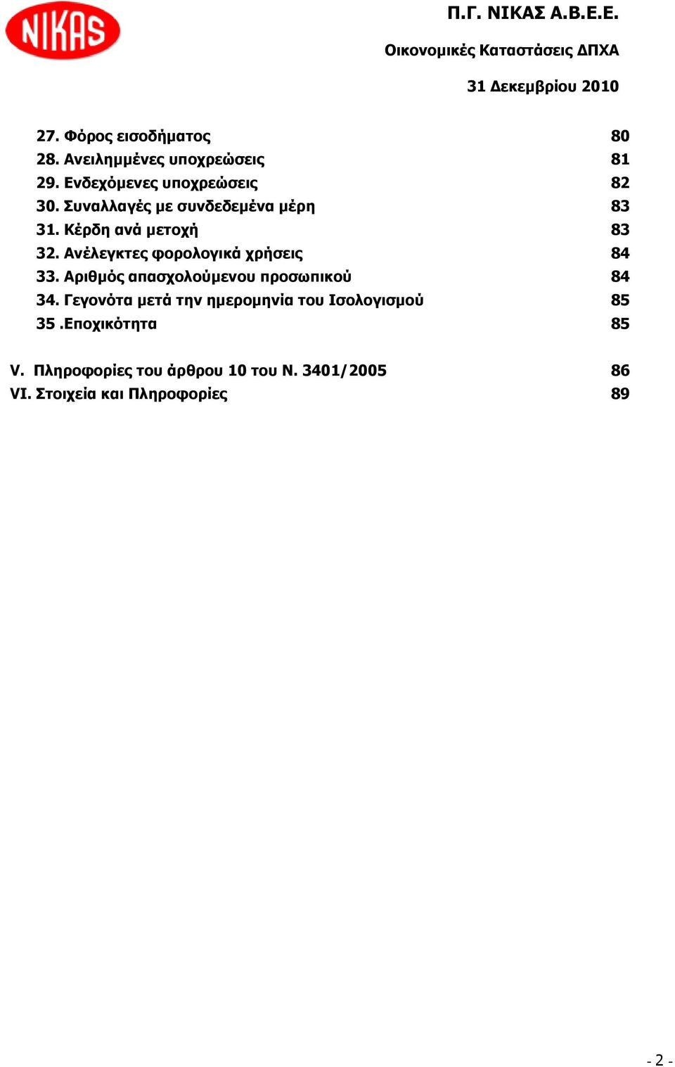 Αλέιεγθηεο θνξνινγηθά ρξήζεηο 84 33. Αξηζκόο απαζρνινύκελνπ πξνζσπηθνύ 84 34.