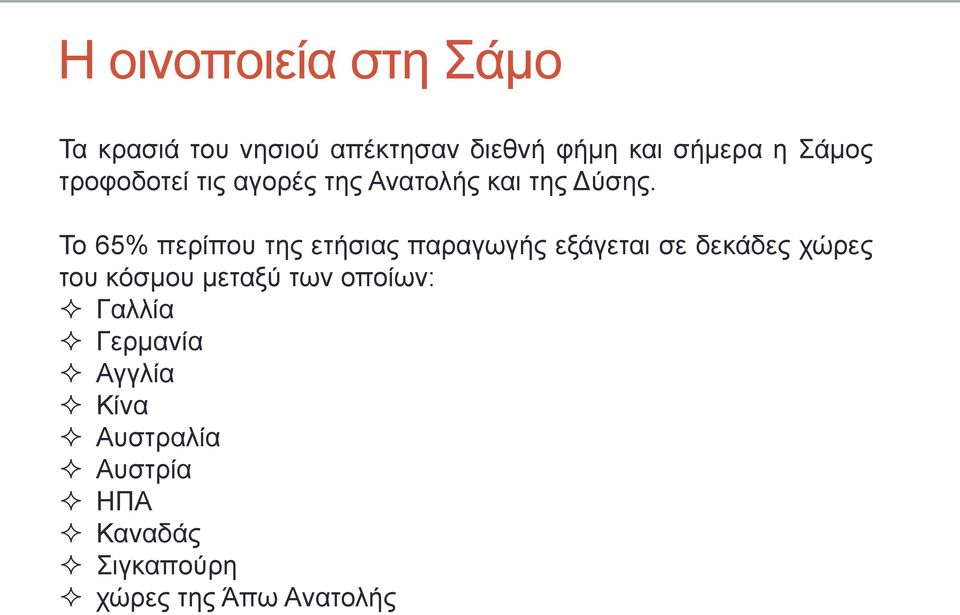 Το 65% περίπου της ετήσιας παραγωγής εξάγεται σε δεκάδες χώρες του κόσµου µεταξύ των