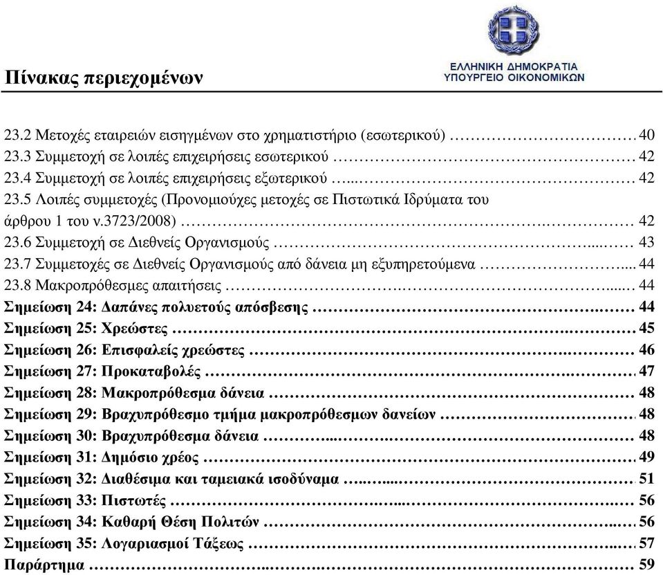 7 Συµµετοχές σε ιεθνείς Οργανισµούς από δάνεια µη εξυπηρετούµενα... 44 23.8 Μακροπρόθεσµες απαιτήσεις.... 44 Σηµείωση 24: απάνες πολυετούς απόσβεσης...... 44 Σηµείωση 25: Χρεώστες.
