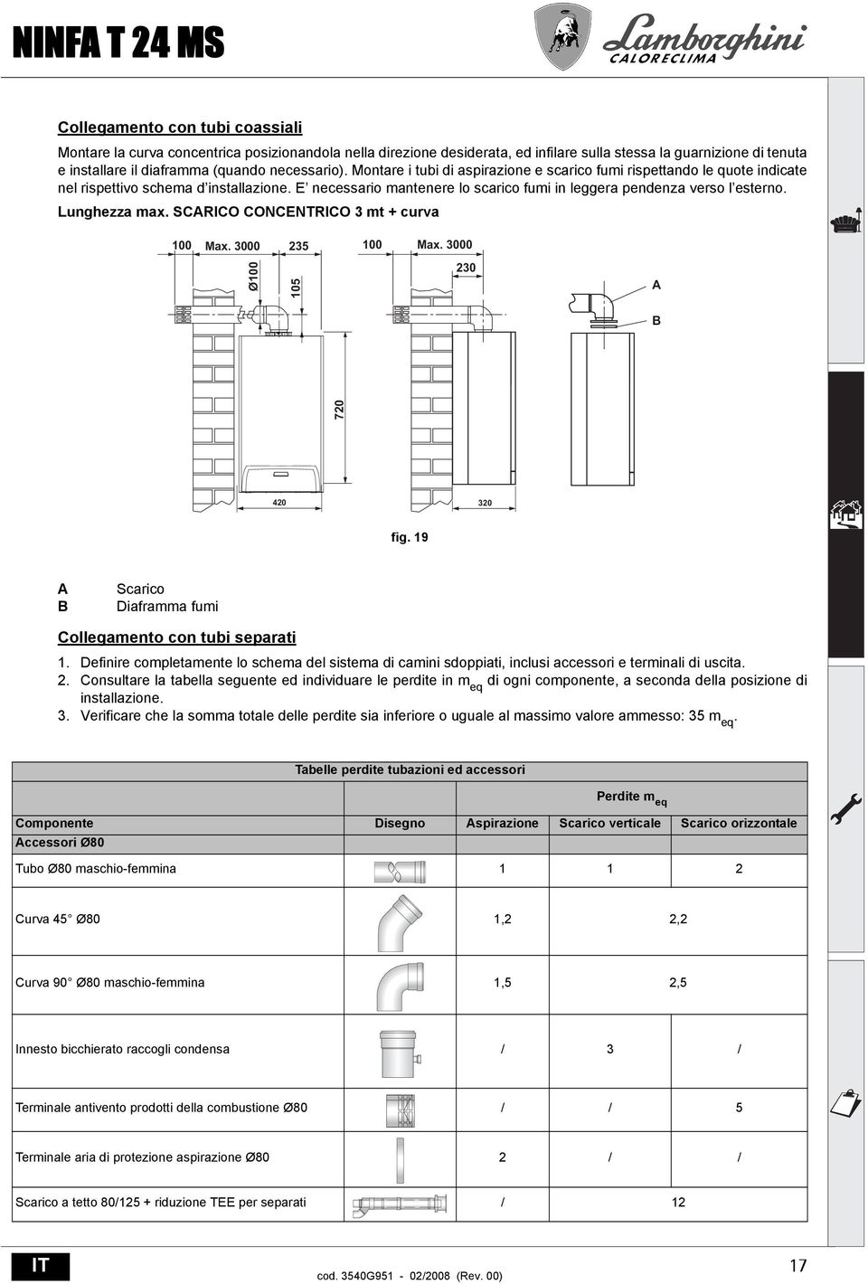 Lunghezza max. SCRICO CONCENTRICO 3 mt + curva 100 Max. 3000 235 Ø100 105 100 Max. 3000 230 720 420 320 fig. 19 Scarico Diaframma fumi Collegamento con tubi separati 1.