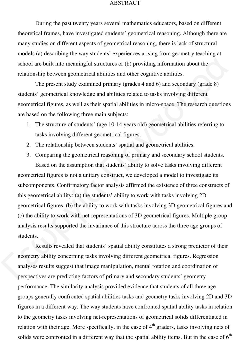 are built into meaningful structures or (b) providing information about the relationship between geometrical abilities and other cognitive abilities.