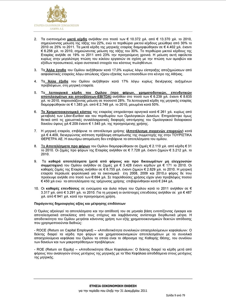 Το περιθώριο μικτού κέρδους της Εταιρίας ανήλθε σε 19% το 2011 από 23% την προηγούμενη χρονιά.