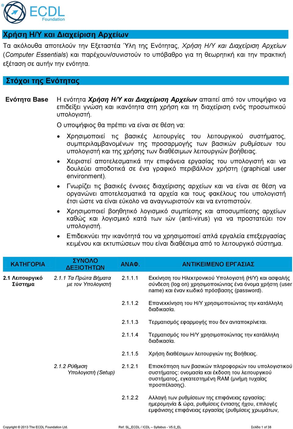Στόχοι της Ενότητας Ενότητα Base Η ενότητα Χρήση Η/Υ και Διαχείριση Αρχείων απαιτεί από τον υποψήφιο να επιδείξει γνώση και ικανότητα στη χρήση και τη διαχείριση ενός προσωπικού υπολογιστή.