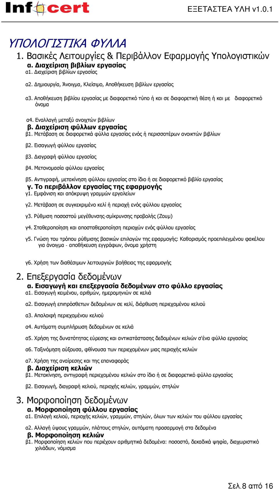 Εναλλαγή μεταξύ ανοιχτών βιβλίων β. Διαχείριση φύλλων εργασίας β1. Μετάβαση σε διαφορετικά φύλλα εργασίας ενός ή περισσοτέρων ανοικτών βιβλίων β2. Εισαγωγή φύλλου εργασίας β3.