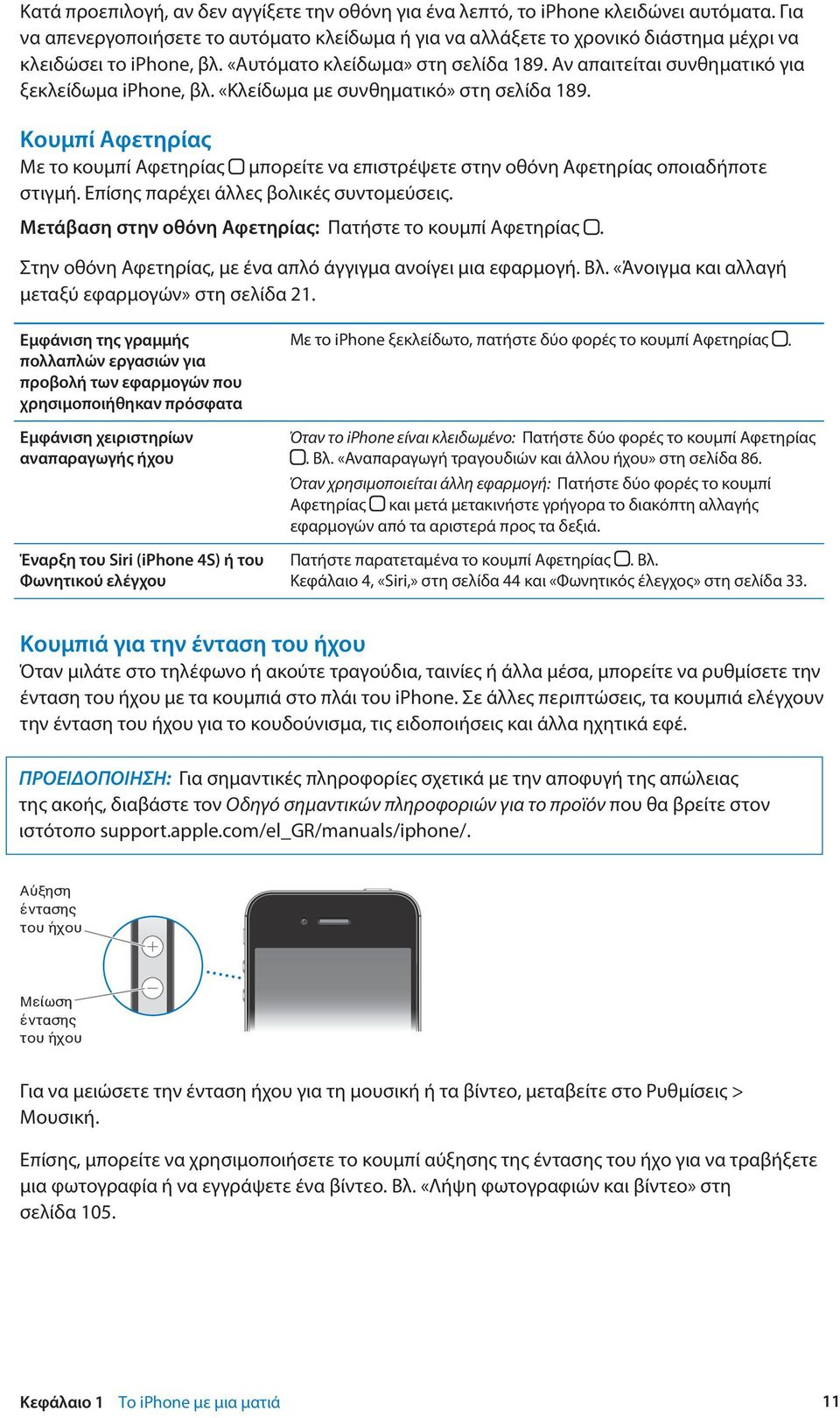Αν απαιτείται συνθηματικό για ξεκλείδωμα iphone, βλ. «Κλείδωμα με συνθηματικό» στη σελίδα 189. Κουμπί Αφετηρίας Με το κουμπί Αφετηρίας μπορείτε να επιστρέψετε στην οθόνη Αφετηρίας οποιαδήποτε στιγμή.