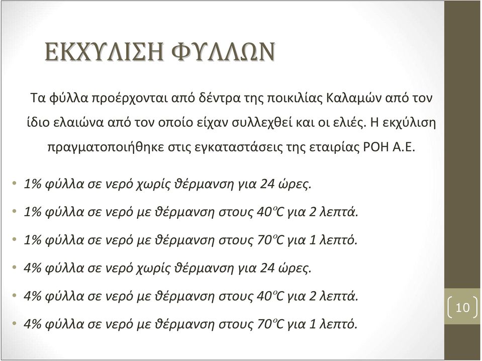 1% φύλλασενερόχωρίςθέρμανσηγια24 ώρες. 1% φύλλασενερόμεθέρμανσηστους40ºc για2 λεπτά.