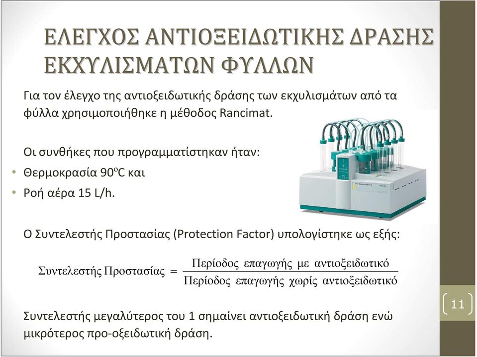 Ο Συντελεστής Προστασίας(Protection Factor) υπολογίστηκε ως εξής: Συντελεστή ς Προστασίας = Περίοδος επαγωγής µε αντιοξειδωτικό