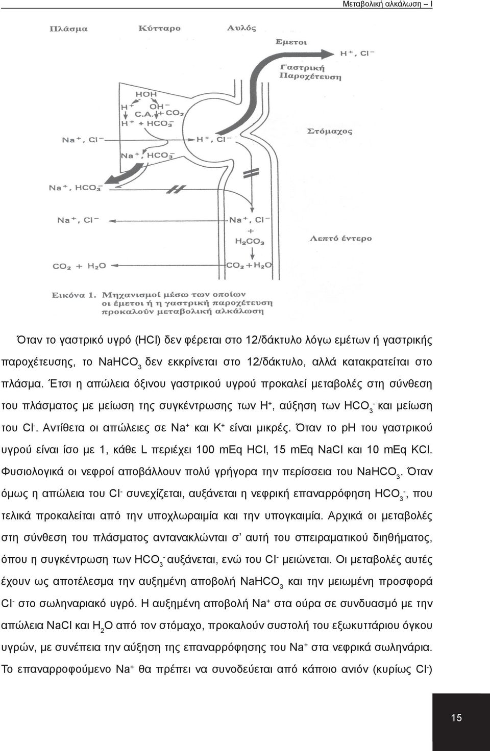 Αντίθετα οι απώλειες σε Na + και K + είναι μικρές. Όταν το ph του γαστρικού υγρού είναι ίσο με 1, κάθε L περιέχει 100 meq ΗCl, 15 meq NaCl και 10 meq KCl.