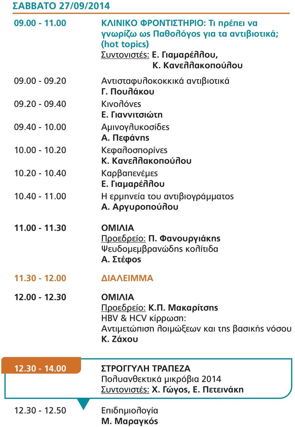 Γιαμαρέλλου 10.40-11.00 Η ερμηνεία του αντιβιογράμματος Α. Αργυροπούλου 11.00-11.30 ΟΜΙΛΙΑ Προεδρείο: Π. Φανουργιάκης Ψευδομεμβρανώδης κολίτιδα Α. Στέφος 11.30-12.00 ΔΙΑΛΕΙΜΜΑ 12.00-12.