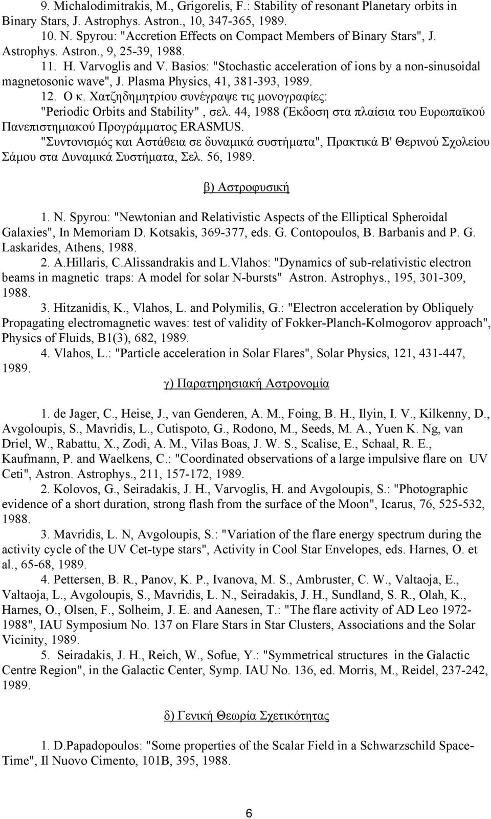 Basios: "Stochastic acceleration of ions by a non-sinusoidal magnetosonic wave", J. Plasma Physics, 41, 381-393, 1989. 12. Ο κ.