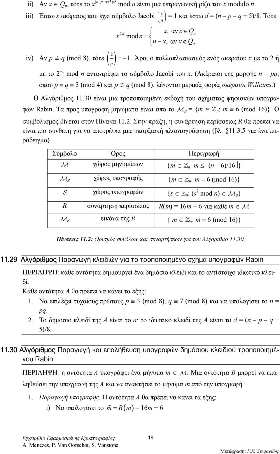 (Ακέραιοι της μορφής n = pq, όπου p q 3 (mod 4) και p q (mod 8), λέγονται μερικές φορές ακέραιοι Williams.) Ο Αλγόριθμος 11.30 είναι μια τροποποιημένη εκδοχή του σχήματος ψηφιακών υπογραφών Rabin.