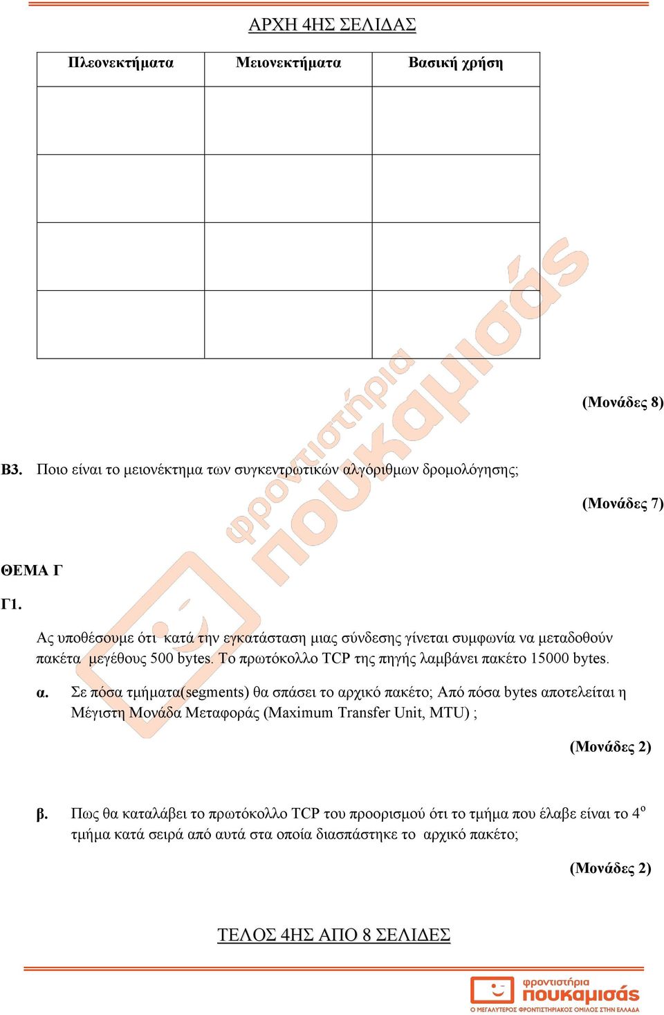 Σε πόσα τμήματα(segments) θα σπάσει το αρχικό πακέτο; Από πόσα bytes αποτελείται η Μέγιστη Μονάδα Μεταφοράς (Maximum Transfer Unit, MTU) ; (Μονάδες 2) β.