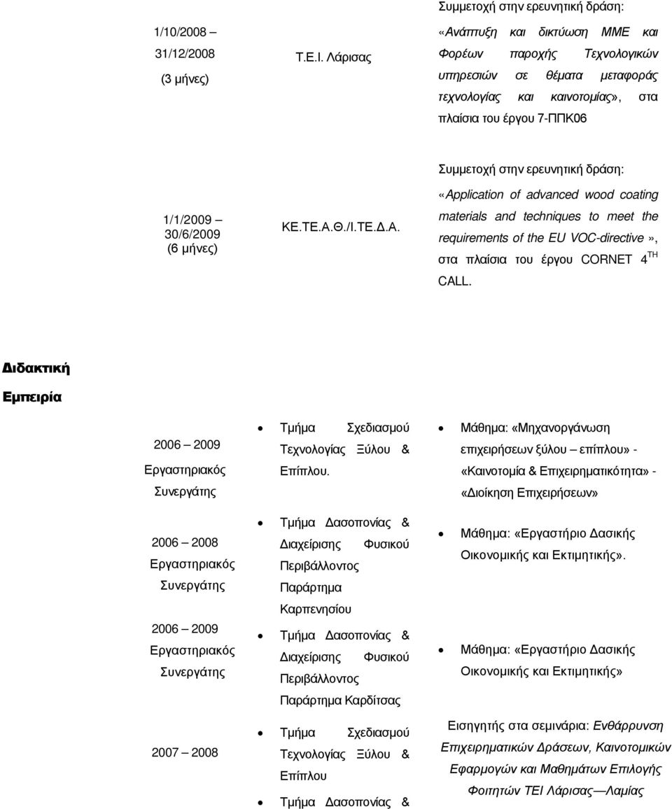 ΤΕ.Δ.Α. «Application of advanced wood coating materials and techniques to meet the requirements of the EU VOC-directive», στα πλαίσια του έργου CORNET 4 TH CALL.