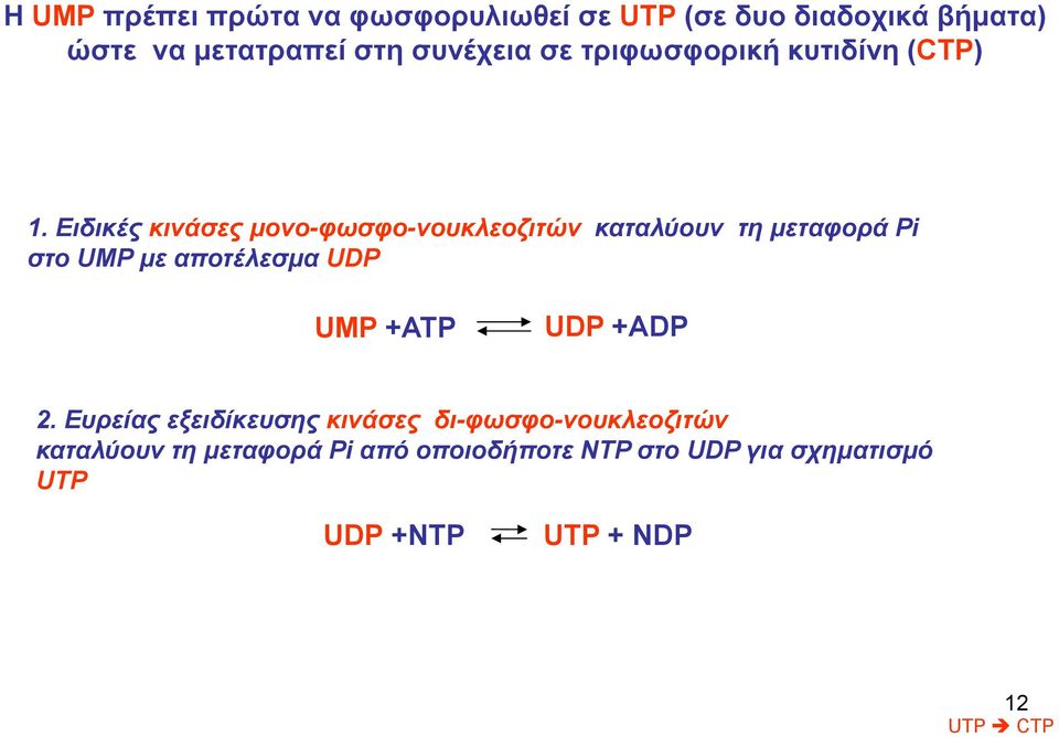 Ειδικές κινάσες μονο-φωσφο-νουκλεοζιτών καταλύουν τη μεταφορά Ρi στο UMP με αποτέλεσμα UDP UΜP +ΑΤΡ