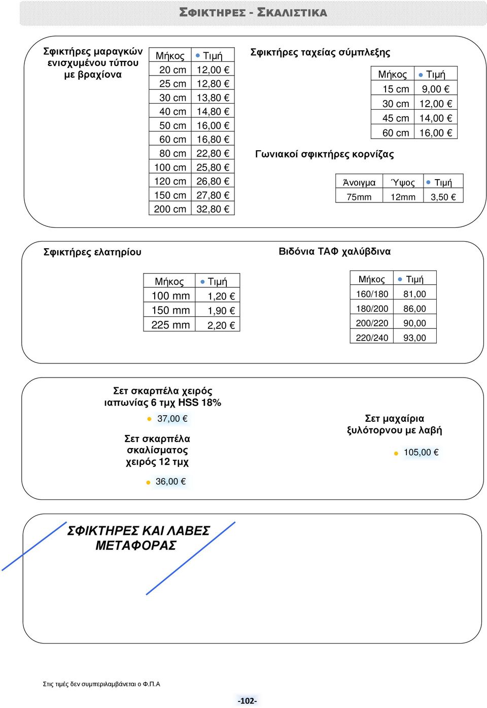Ύψος Τιμή 75mm 12mm 3,50 Σφικτήρες ελατηρίου Βιδόνια ΤΑΦ χαλύβδινα 100 mm 1,20 150 mm 1,90 225 mm 2,20 160/180 81,00 180/200 86,00 200/220 90,00 220/240 93,00